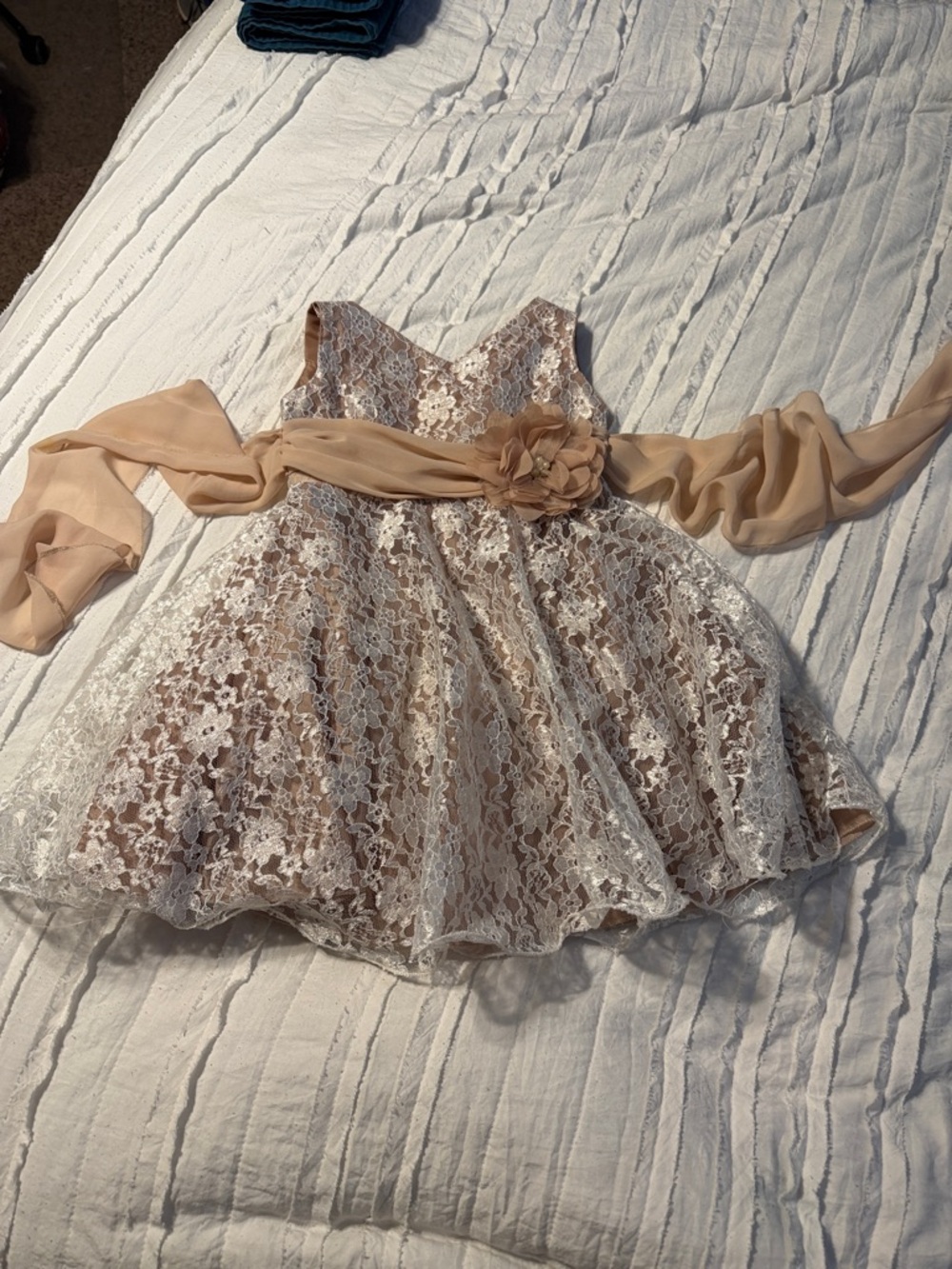 Girls Lace Formal Dress with Floral Sash in Blush